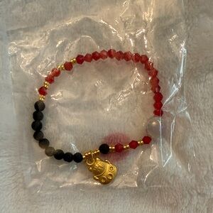 Elegant Red and Black Beaded Bracelet with Gold Charm handcrafted by me!